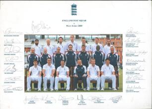 &lsquo;England Test Squad v West Indies 2009&rsquo;. Official colour photograph printed on white card with England emblem, title and players&rsquo; names to borders. Fully signed in pencil by the twenty one members of the playing and coaching staff. Signatures include Stra