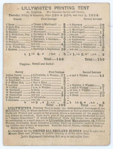 &lsquo;Sussex v Surrey at Brighton 1854. Very early single sided scorecard printed by &lsquo;Lillywhite&rsquo;s Printing Tent by authority and under the Patronage of the Marylebone Club&rsquo; for the match played at the Royal Brunswick Ground, Hove on the 29th & 30th June & 1st