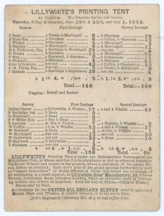 &lsquo;Sussex v Surrey at Brighton 1854. Very early single sided scorecard printed by &lsquo;Lillywhite&rsquo;s Printing Tent by authority and under the Patronage of the Marylebone Club&rsquo; for the match played at the Royal Brunswick Ground, Hove on the 29th & 30th June & 1st