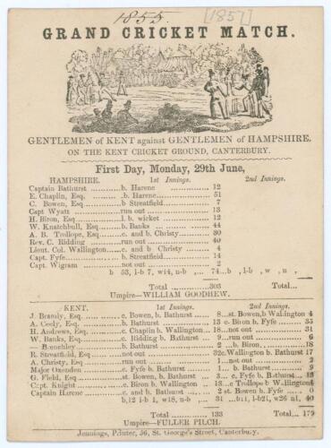 &lsquo;The Gentlemen of Kent against the Gentlemen of Hampshire on The Kent Cricket Ground, Canterbury&rsquo; 1857. Early single sided scorecard printed by &lsquo;Jennings, Printers of Canterbury for the match played on the 29th and 30th June. The scorecard, with excellent