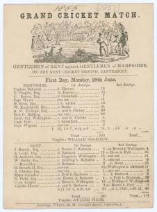 &lsquo;The Gentlemen of Kent against the Gentlemen of Hampshire on The Kent Cricket Ground, Canterbury&rsquo; 1857. Early single sided scorecard printed by &lsquo;Jennings, Printers of Canterbury for the match played on the 29th and 30th June. The scorecard, with excellent