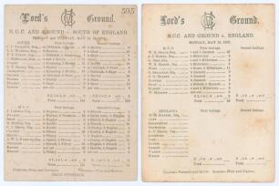 M.C.C. and Ground 1874 & 1878. Two early original scorecards for M.C.C. matches played at Lord&rsquo;s. Matches are v. South of England 18th & 19th May 1874, complete printed scores. South (145 & 139) beat M.C.C. (131 & 60) by 93 runs. The other is for the matc