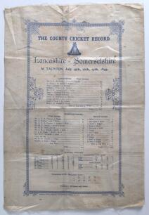 Archibald Campbell MacLaren. Lancashire & England 1890-1914. &lsquo;The County Cricket Record&rsquo;. Rare large original commemorative silk scorecard for the Lancashire v Somersetshire Championship match played at Taunton on the 15th- 17th July 1895. Archie MacLaren