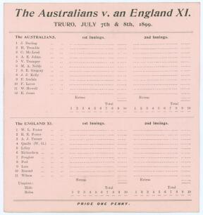 Australia tour to England 1899. &lsquo;The Australians v. an England XI&rsquo;. Very rare official scorecard for the match played at Tremorvah, Truro, 7th & 8th July 1899. Players listed at start of play. The Australians batted first and reached 214, Joe Darling the 