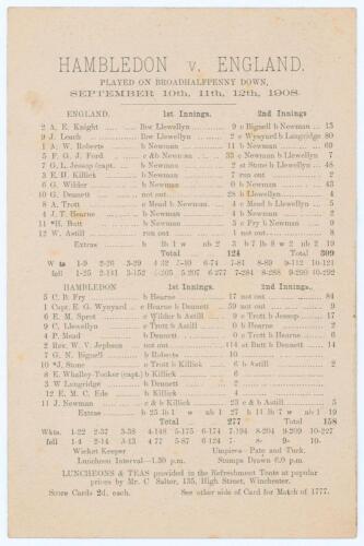 &lsquo;Hambledon v. England played on Broadhalfpenny Down&rsquo; 1908. Rare early original scorecard for the first match to be played on Broadhalfpenny Down in over 100 years, 10th- 12th September 1908, with complete printed scores. The England XII elected to bat fir