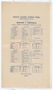 Australia tour to England 1909. &lsquo;England v. Australia&rsquo;. Fifth Test. Early original commemorative silk scorecard for the 5th Test, played at Kennington Oval, 9th- 11th August 1909. Australia batted first and reached 325, Bardsley scoring 136, Trumper 73 an
