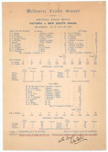 &lsquo;Victoria v New South Wales&rsquo;. World Record Score 1926/27. Official large commemorative souvenir scorecard for the Sheffield Shield match played at the Melbourne Cricket Ground on 24th- 29th December 1926, very nicely signed to the lower right corner &lsquo;With