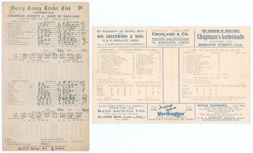 Nottinghamshire C.C.C. 1929 & 1932. Two original Nottinghamshire scorecards, one for the Champion County match v Rest of England at Kennington Oval, 14th- 18th September 1929 with complete handwritten scores, The Rest winning by just eight runs. The other