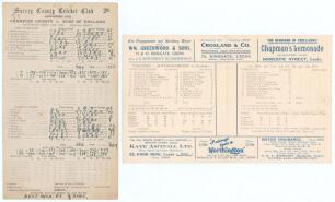 Nottinghamshire C.C.C. 1929 & 1932. Two original Nottinghamshire scorecards, one for the Champion County match v Rest of England at Kennington Oval, 14th- 18th September 1929 with complete handwritten scores, The Rest winning by just eight runs. The other