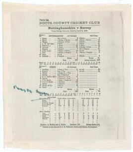 Nottinghamshire v Surrey 1933. Original commemorative silk scorecard for the match played at Trent Bridge 3rd- 6th June 1933. Signed in later years in ink by Percy Fender who scored 106 for Surrey in their first innings, listed on the scorecard as batting