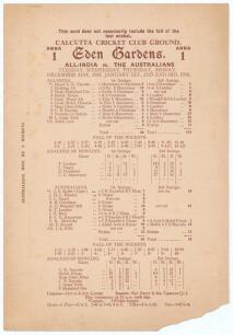 &lsquo;All-India vs. The Australians&rsquo; 1935/36. Rare original scorecard for the second unofficial &lsquo;Test&rsquo; match played at Eden Gardens, Calcutta, 31st December 1935- 3rd January 1936. The scorecard with complete printed scores shows India bowled out for only 48 i