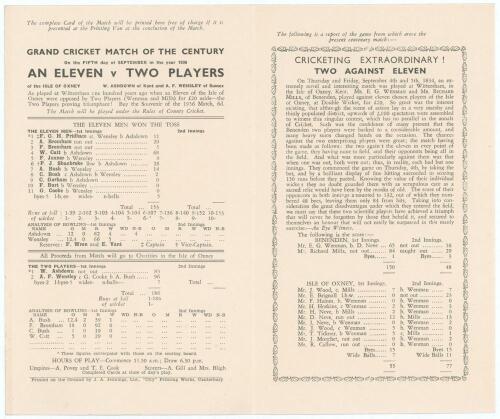 &lsquo;Isle of Oxney XI v Two Players 1936&rsquo;. Official folding programme and scorecard for the Centenary match where the Isle of Oxney XI took on &lsquo;Two Players&rsquo; being W. Ashdown of Kent and A.F. Wensley of Sussex. The match was played at Wittersham in Kent on the