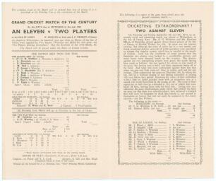 &lsquo;Isle of Oxney XI v Two Players 1936&rsquo;. Official folding programme and scorecard for the Centenary match where the Isle of Oxney XI took on &lsquo;Two Players&rsquo; being W. Ashdown of Kent and A.F. Wensley of Sussex. The match was played at Wittersham in Kent on the