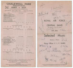 World War II scorecards 1941-1945. Seven scorecards including one signed for Army v R.A.F., Chalkwell Park, Westcliff-on-Sea, 26th July 1941, twenty four signatures to verso, the majority of players who took part in the match. Notable signatures of county