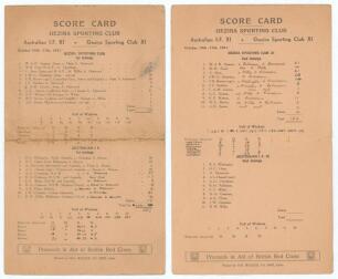 Australian Imperial Forces XI 1941. Rare official double-sided wartime scorecard for the Gezira Sporting Club v Australian I.F. XI played at Gezira Sporting Club (Cairo, Egypt), 10th- 11th October 1941. One side shows the first innings with complete print