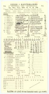 Australian tour of England 1948. Official scorecard for the famous Essex v Australia tour match where Australia scored a record 721 in a day. The match played at Southend on Sea, 15th- 18th May 1948. The Australians&rsquo; scores for their only innings are full