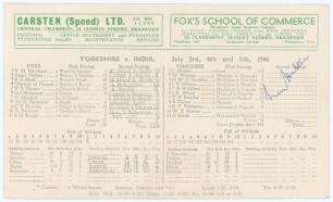 Len Hutton. Yorkshire v Indians 1946. Official folding scorecard for the tour match played at Bradford Park Avenue, 3rd- 5th July 1946. Complete printed and handwritten scores in pencil. Yorkshire won by an innings and 82 runs, Hutton carrying his bat for