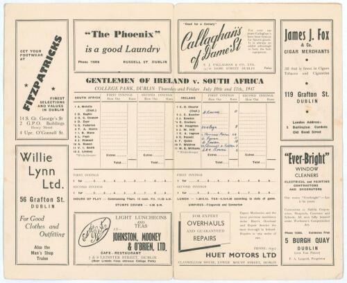 South African tour of England 1947. Rarer official folding scorecard for the tour match, &lsquo;Gentlemen of Ireland v. South Africa&rsquo; played at Dublin, 10th & 11th July 1947. Incomplete handwritten scores in ink. No play was possible on the first day and the ma