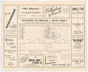 South African tour of England 1947. Rarer official folding scorecard for the tour match, &lsquo;Gentlemen of Ireland v. South Africa&rsquo; played at Dublin, 10th & 11th July 1947. Incomplete handwritten scores in ink. No play was possible on the first day and the ma