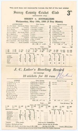 Surrey v Australians 1956. Official scorecard for the tour match played at the Oval, 16th- 18th May 1956. Jim Laker took all ten Australian wickets in the first innings and finished with figures of 46 overs, 18 maidens, ten wickets for 88 runs. In the sec