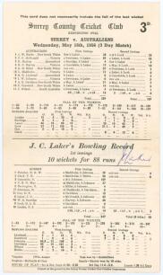 Surrey v Australians 1956. Official scorecard for the tour match played at the Oval, 16th- 18th May 1956. Jim Laker took all ten Australian wickets in the first innings and finished with figures of 46 overs, 18 maidens, ten wickets for 88 runs. In the sec
