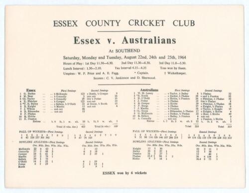 Essex v. Australians 1964. Official commemorative silk scorecard for the tour match played at Southend-on-Sea, 22nd- 25th August 1964. Essex (425/6 dec. & 109/4) beat the Australians (218 & 313) by six wickets. Barker (123) and Fletcher (125) both scored 