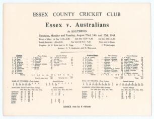 Essex v. Australians 1964. Official commemorative silk scorecard for the tour match played at Southend-on-Sea, 22nd- 25th August 1964. Essex (425/6 dec. & 109/4) beat the Australians (218 & 313) by six wickets. Barker (123) and Fletcher (125) both scored 