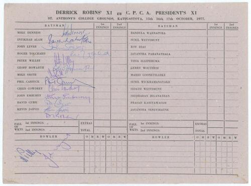 D.H. Robins XI tour to Sri Lanka 1977. &lsquo;Derrick Robins&rsquo; XI vs C.P.C.A. President&rsquo;s XI&rsquo;. Official folding scorecard for the match played at St. Anthony&rsquo;s College Grounds, Katugastota 15th- 17th October 1977. The centre pages with printed scorecard, the pla