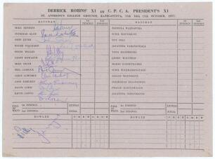 D.H. Robins XI tour to Sri Lanka 1977. &lsquo;Derrick Robins&rsquo; XI vs C.P.C.A. President&rsquo;s XI&rsquo;. Official folding scorecard for the match played at St. Anthony&rsquo;s College Grounds, Katugastota 15th- 17th October 1977. The centre pages with printed scorecard, the pla