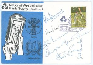 Surrey v Warwickshire 1982. &lsquo;National Westminster Bank Trophy Cover No. 2&rsquo;. Official commemorative cover for the Final played at Lord&rsquo;s 4th September 1982. Signed to the front by six members of the B.B.C. commentary team including Tony Lewis, Fred Trueman