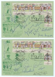 &lsquo;Centenary of Test Cricket England v Australia&rsquo; 1977. Two covers each with a set of six Australia Test Cricket Centenary commemorative stamps. One cover signed by eight England players, Hardstaff, Graveney, May, Dexter, Compton, Washbrook, Paynter and Bar