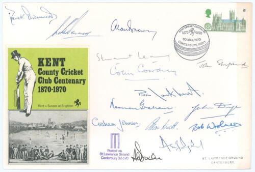 &lsquo;Kent County Cricket Club Centenary 1870-1970&rsquo; commemorative cover, issued at Canterbury 30th May 1970, signed to the front by fourteen Kent players. Signatures are Underwood, Denness, Brown, Leary, Cowdrey, Shepherd, Luckhurst, Graham, Dye, Woolmer, John