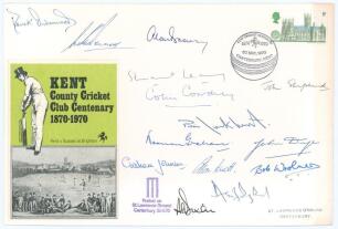 &lsquo;Kent County Cricket Club Centenary 1870-1970&rsquo; commemorative cover, issued at Canterbury 30th May 1970, signed to the front by fourteen Kent players. Signatures are Underwood, Denness, Brown, Leary, Cowdrey, Shepherd, Luckhurst, Graham, Dye, Woolmer, John