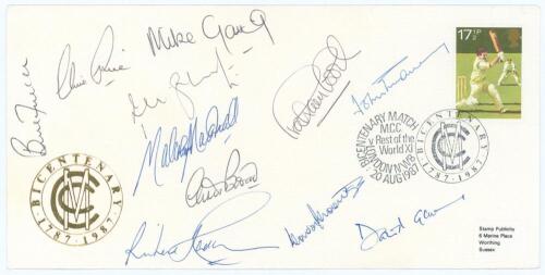 M.C.C. Bicentenary 1987. Official commemorative cover issued for the Bicentenary match, M.C.C. v Rest of the World at Lord&rsquo;s, date stamped 20th August 1987. Fully signed to the front by the eleven members of the M.C.C. team. Signatures are Gatting (Captai