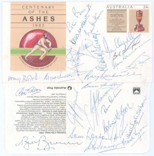 &lsquo;Centenary of the Ashes 1982&rsquo;. Official &lsquo;Australia vs. England Test Cricket Series&rsquo; commemorative cover issued by Australia Post. Twenty five signatures to the front including England and Australian players Peter Burge, Ian and Greg Chappell, Len Hutton, 