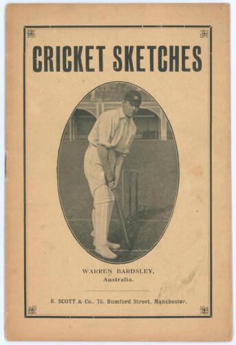 Australia tour to England 1909. &lsquo;Cricket Sketches&rsquo;. R. Scott, Manchester 1909. 16pp booklet. Original paper wrappers with portrait of Warren Bardsley to front cover, biographies and photographs of the touring party, tour fixtures, humorous articles. Padwi