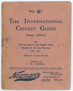 M.C.C. tour to Australia 1920/21. &lsquo;The International Cricket Guide. Season 1920-21&rsquo;. Compiled by R.H. Campbell. Farrow Falcon Press, Melbourne 1920. 40pp pre-tour booklet with pen portraits, tour fixtures, statistics, advertising etc. Padwick 4444. Origin