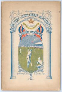 &lsquo;Western Canada Cricket Association&rsquo; 1926. Rare and unusual official souvenir programme edited by George Dewe for the inaugural Interprovincial Cricket Tournament, held in Edmonton 2nd- 7th August 1926. 74pp. Original colour decorative wrappers. Presentat