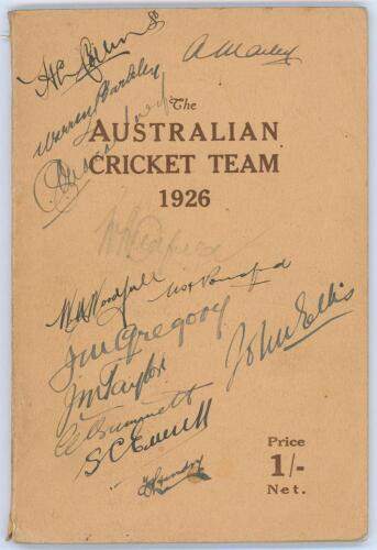 &lsquo;The Australian Cricket Team 1926&rsquo;. Published by The British Australasian (1910) Ltd, London 1926. 92pp pre-tour booklet in original brown paper wrappers comprising articles, pen pictures, statistics, etc. Signed in ink (one in pencil) to the front cover 