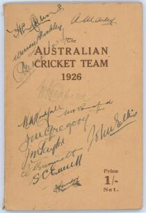 &lsquo;The Australian Cricket Team 1926&rsquo;. Published by The British Australasian (1910) Ltd, London 1926. 92pp pre-tour booklet in original brown paper wrappers comprising articles, pen pictures, statistics, etc. Signed in ink (one in pencil) to the front cover 
