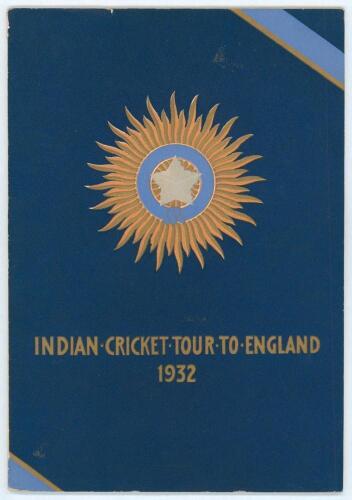 &lsquo;Indian Cricket Tour To England 1932&rsquo;. Large official pre tour brochure produced by the Board of Control for Cricket in India, New Delhi. Printed by The Times of India Press, Bombay 1932. 48pp. Original decorative covers. Minor wear to wrapper edges, foxi