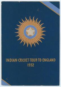 &lsquo;Indian Cricket Tour To England 1932&rsquo;. Large official pre tour brochure produced by the Board of Control for Cricket in India, New Delhi. Printed by The Times of India Press, Bombay 1932. 48pp. Original decorative covers. Minor wear to wrapper edges, foxi