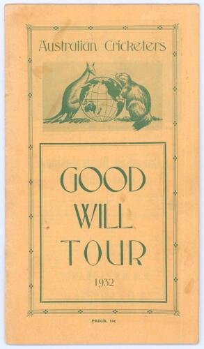 &lsquo;Australian Cricketers Goodwill Tour 1932&rsquo;. Australian tour of Canada & America 1932. Scarce official brochure for the tour with pen pictures, biographies and itinerary. The tour started in Victoria, Canada on 17th June and finished in Hollywood on 28th A