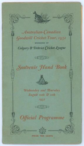 &lsquo;Australian Cricketers Goodwill Tour 1932&rsquo;. Australian tour of Canada & America 1932. Very rare variant of the official brochure for the tour comprising the original brochure (in itself scarce) with paper wrappers and pen pictures, biographies and itinera