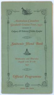 &lsquo;Australian Cricketers Goodwill Tour 1932&rsquo;. Australian tour of Canada & America 1932. Very rare variant of the official brochure for the tour comprising the original brochure (in itself scarce) with paper wrappers and pen pictures, biographies and itinera