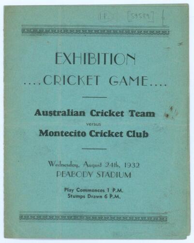 &lsquo;Australian Cricketers Goodwill Tour 1932&rsquo;. Australian tour of Canada & America 1932. Scarce original folding scorecard for the &lsquo;Exhibition Cricket Game. Australian Cricket Team versus Montecito Cricket Club&rsquo; played at the Peabody Stadium, Santa Barbara, 