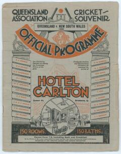 M.C.C. &lsquo;Bodyline&rsquo; tour of Australia 1932/33. &lsquo;Queensland Cricket Association Souvenir. Queensland v New South Wales 1932&rsquo;. Official programme edited by Wallace R. Lloyd and H. Sandys McEntire. Printed by &lsquo;Lloyd&rsquo;s Almanack&rsquo;, Brisbane 1932. 48pp. Not record