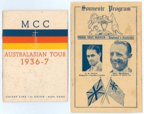 M.C.C. tour of Australia 1936/37. Official Orient Line &lsquo;S.S. Orion&rsquo; brochure for the &lsquo;M.C.C. Australasian Tour 1936-7&rsquo;. Decorative colour card front cover with M.C.C. colours. Team detail, itinerary, player profile and pen pictures etc. to inside pages. S