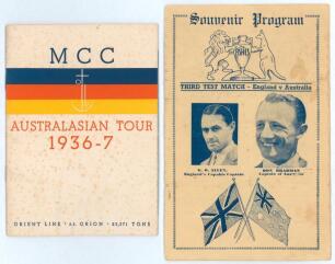 M.C.C. tour of Australia 1936/37. Official Orient Line &lsquo;S.S. Orion&rsquo; brochure for the &lsquo;M.C.C. Australasian Tour 1936-7&rsquo;. Decorative colour card front cover with M.C.C. colours. Team detail, itinerary, player profile and pen pictures etc. to inside pages. S