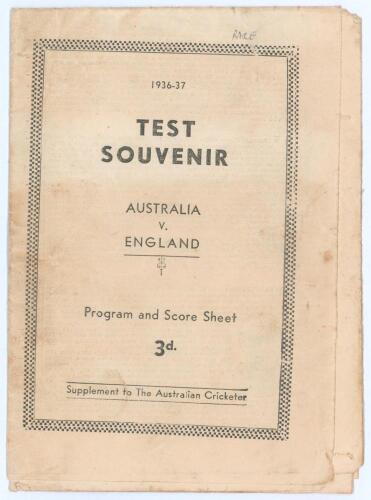 &lsquo;1936-37 Test Souvenir. Australia v. England Programme and Score Sheet&rsquo;. Produced as a &lsquo;Supplement to The Australian Cricketer&rsquo;. Large format four page folding supplement comprising biographies and pictures of the England touring party and Australian play
